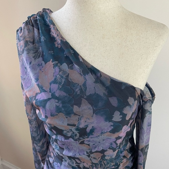 Free People One Shoulder Floral Mesh Ruched Bodycon Dress NWOT Medium - Picture 2 of 8